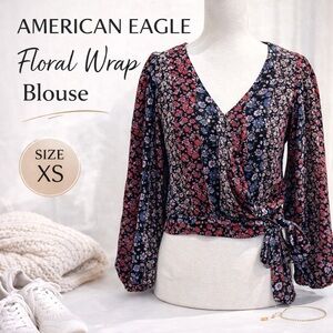 American Eagle Floral Wrap Top Long Sleeve Tie Waist Blouse XS